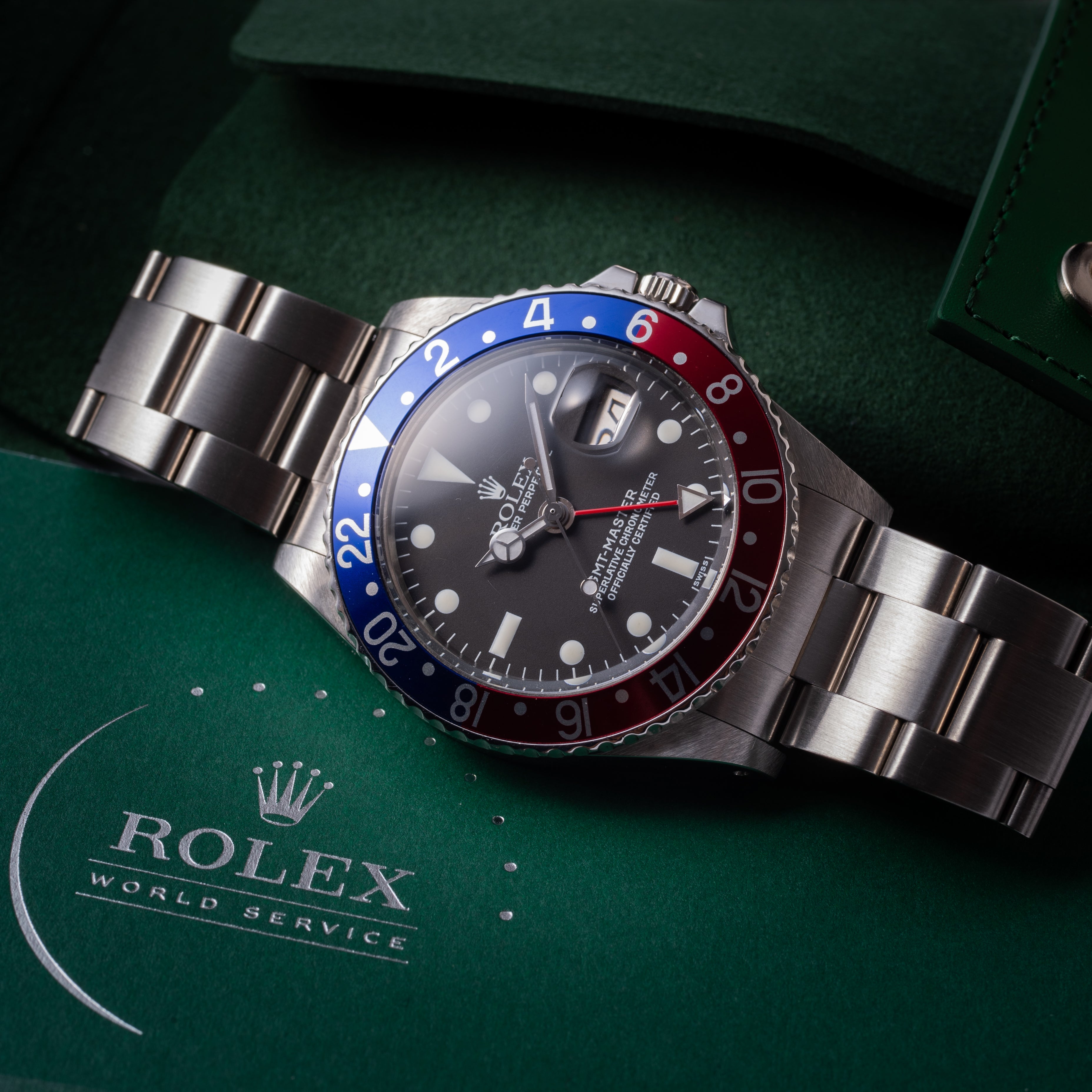 ロレックス GMTマスター ペプシベゼル オールニュー1968年製 Ref.1675 箱、国際サービス保証書付き