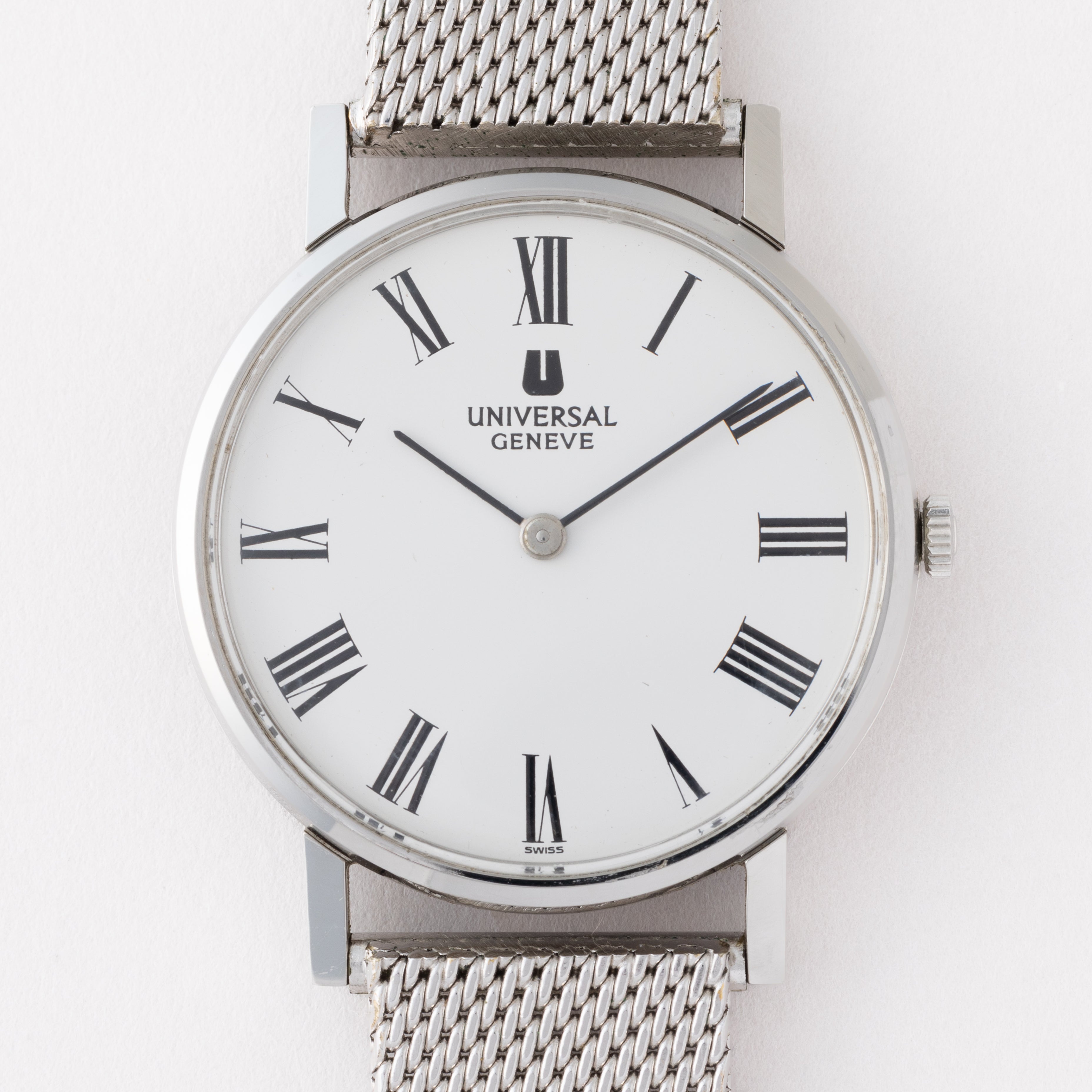 ユニバーサルジュネーブ ラウンドケース ホワイトローマン 手巻き 1970年代 箱、純正尾錠付き