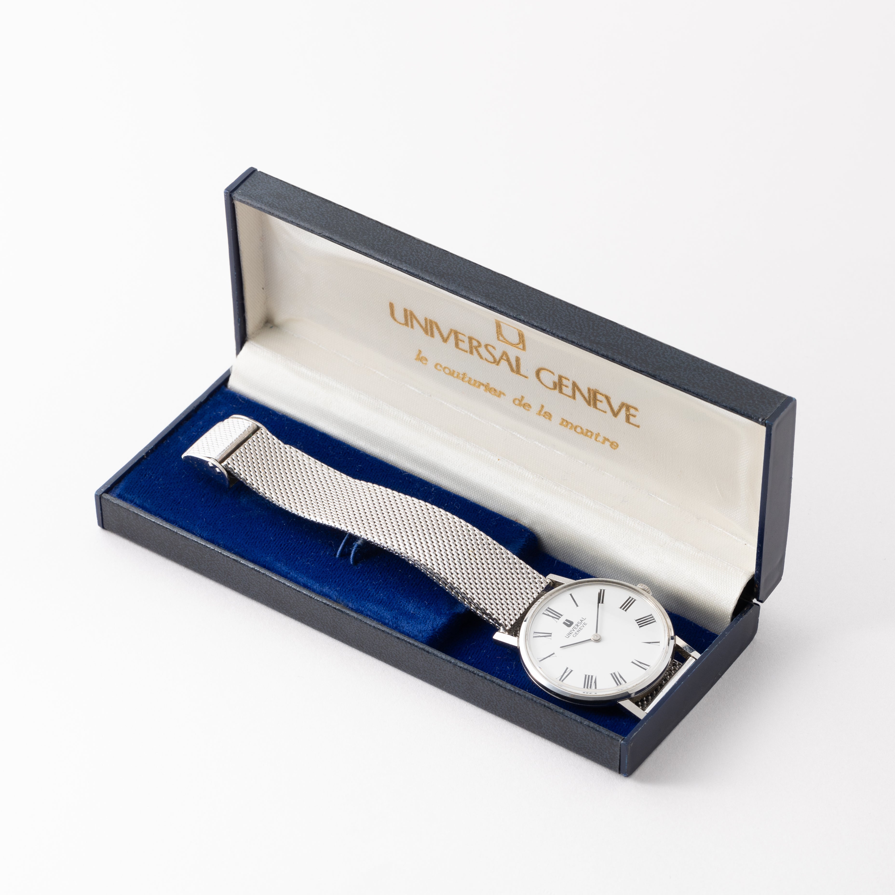 ユニバーサルジュネーブ ラウンドケース ホワイトローマン 手巻き 1970年代 箱、純正尾錠付き