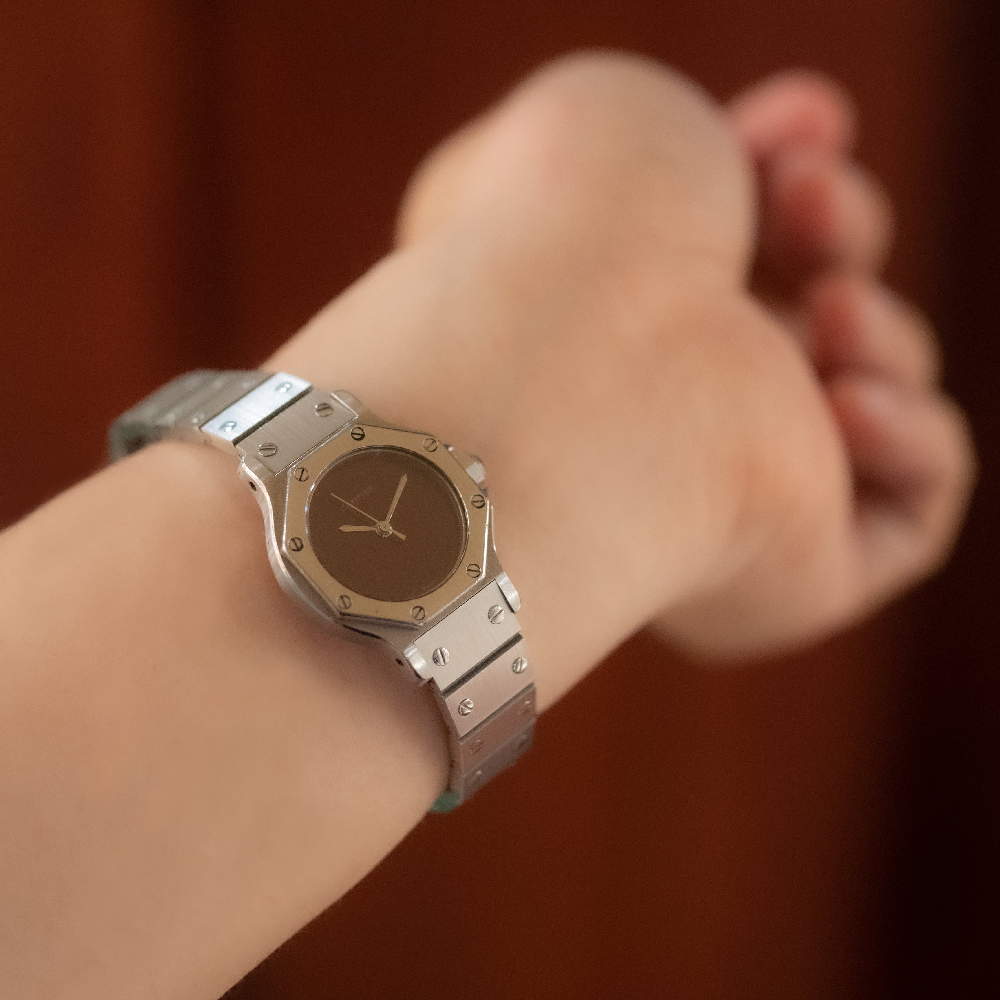 カルティエ サントスオクタゴン SM レディース ボルドーダイヤル 自動巻き 1980年代