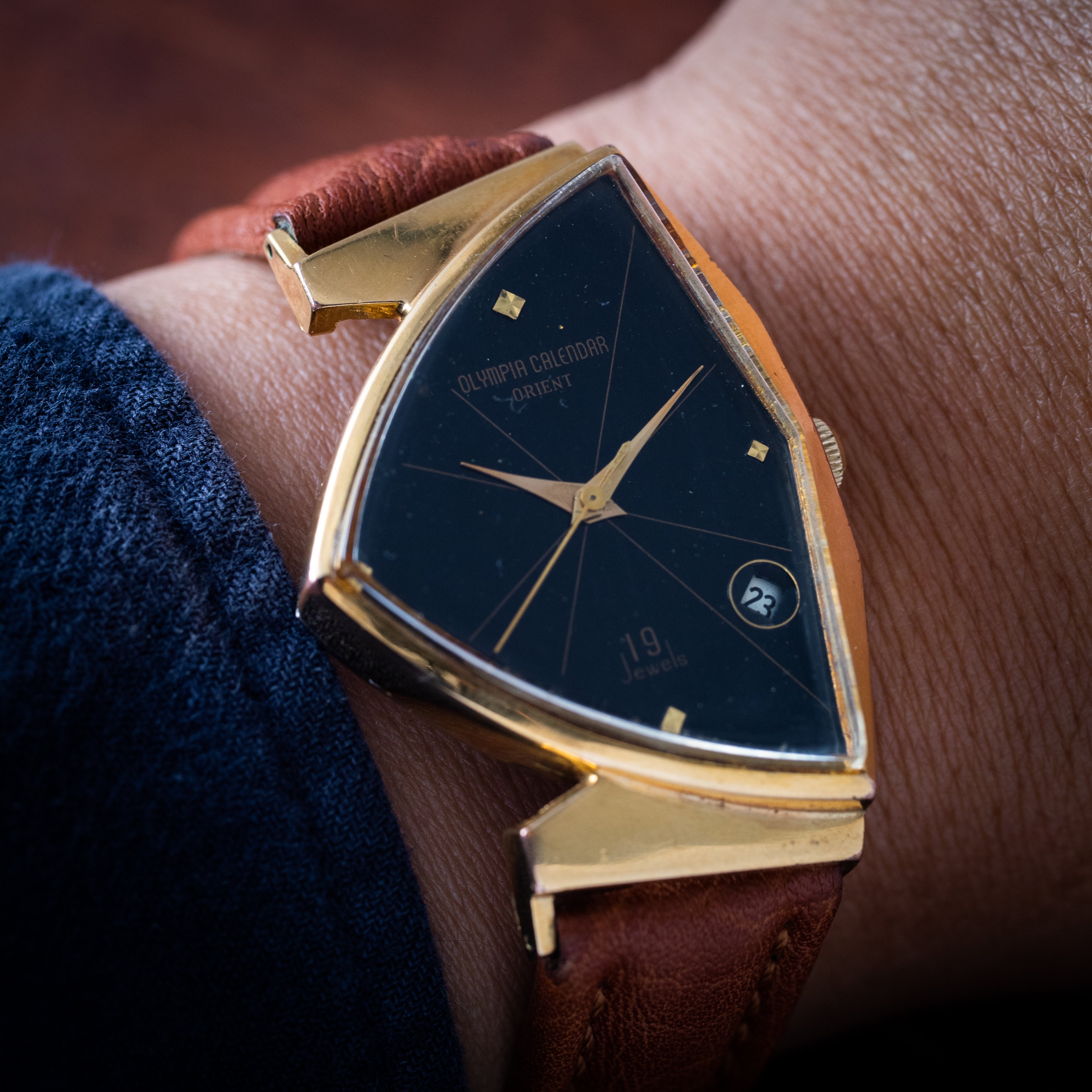 オリエント 三角時計 ベンチュラタイプ 1960年代製 オリンピアカレンダー オリエント 金張り