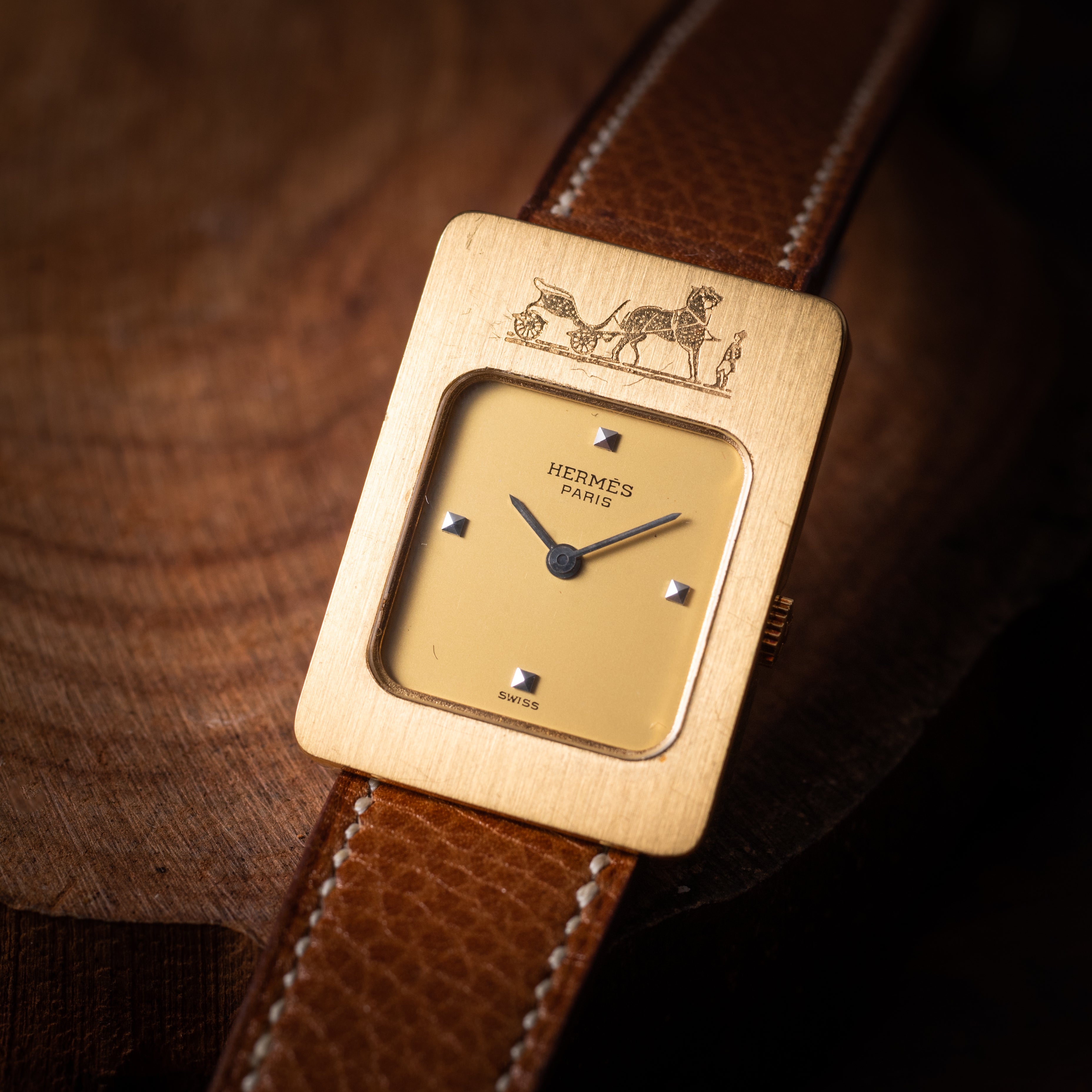 エルメス レクタンギュラー ダイヤインデックス GF 手巻き 純正ベルト 1980年代製