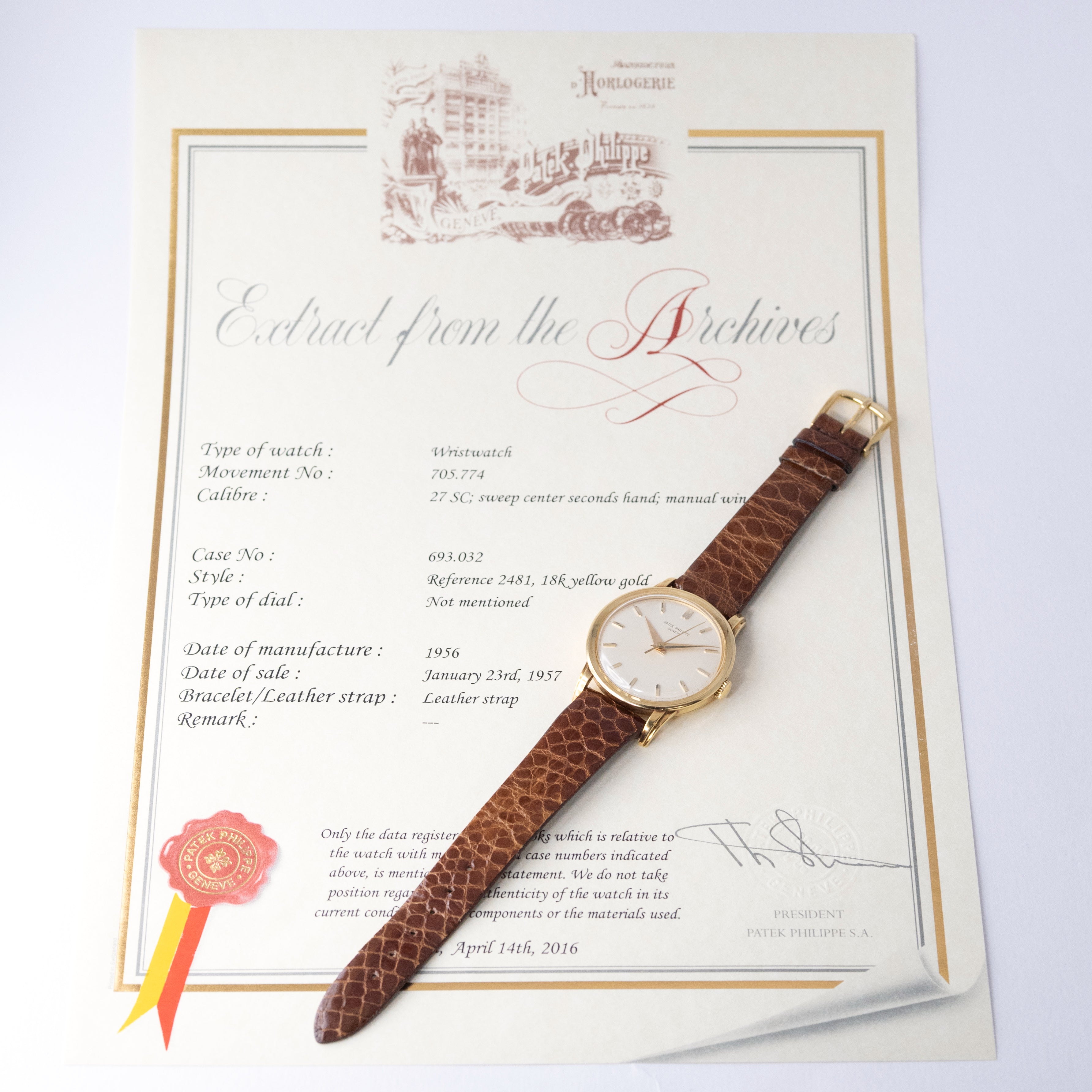 パテックフィリップ ビックカラトラバ 象嵌文字盤1956年製 Ref.2481 Cal.27SC アーカイブ付き