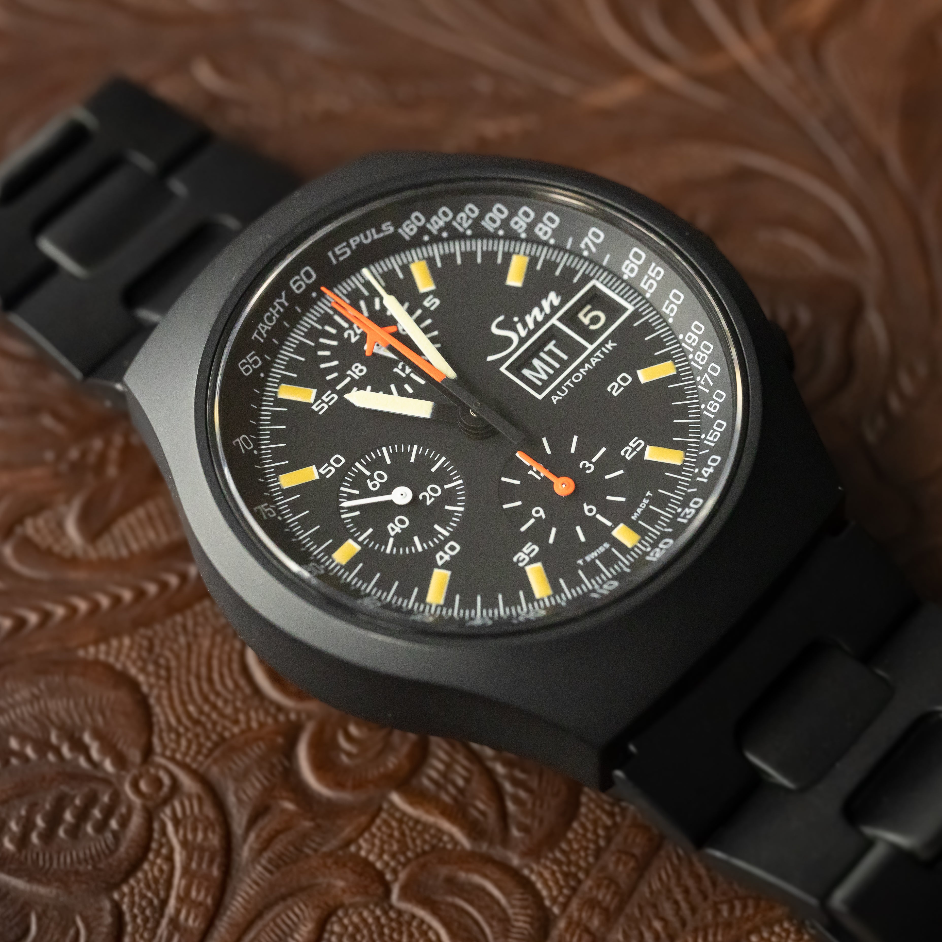 ジン 157S レマニア5100搭載 自動巻きクロノグラフ 1990年代製 純正ブレス ドイツ語曜日 ギャラ箱付き