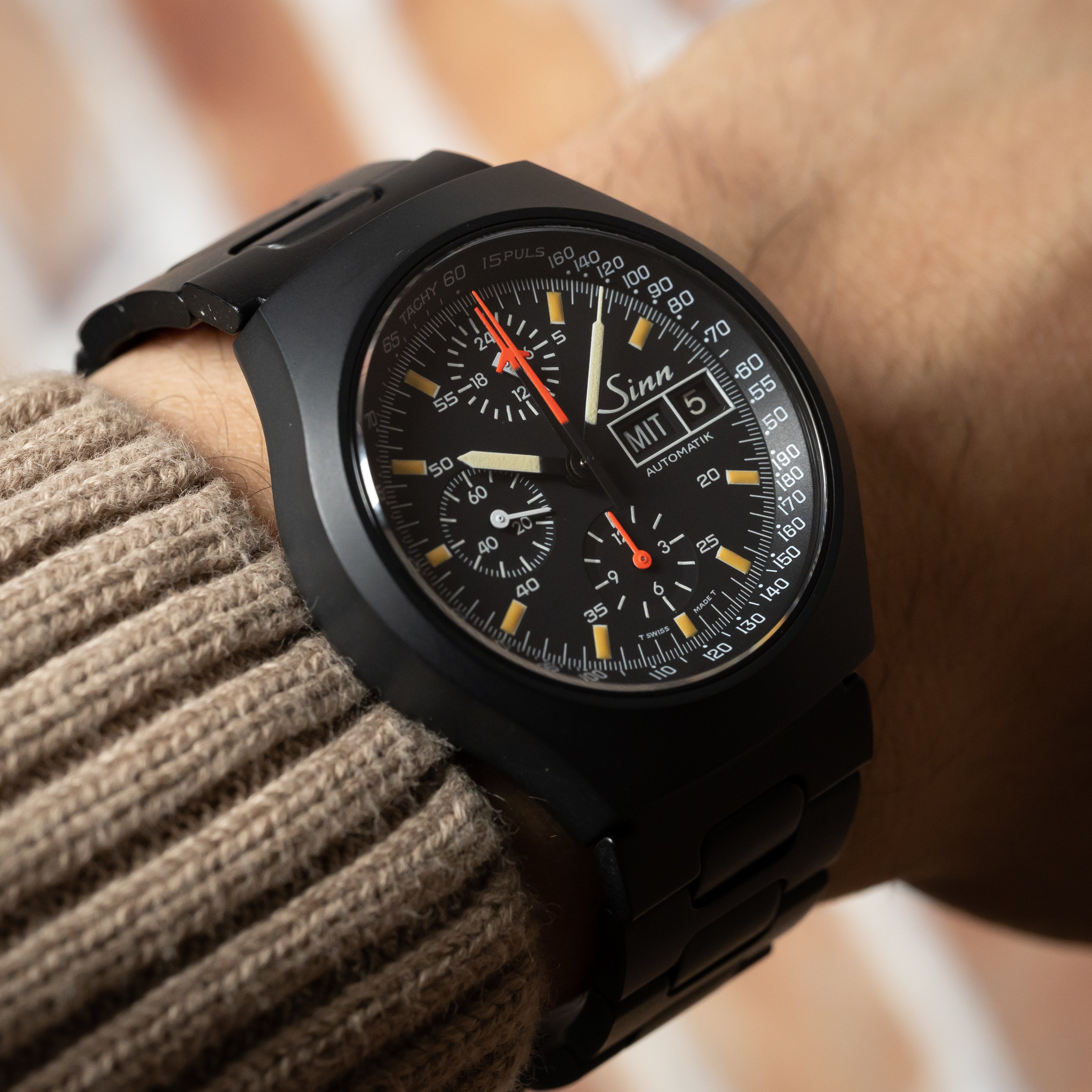 ジン 157S レマニア5100搭載 自動巻きクロノグラフ 1990年代製 純正ブレス ドイツ語曜日 ギャラ箱付き