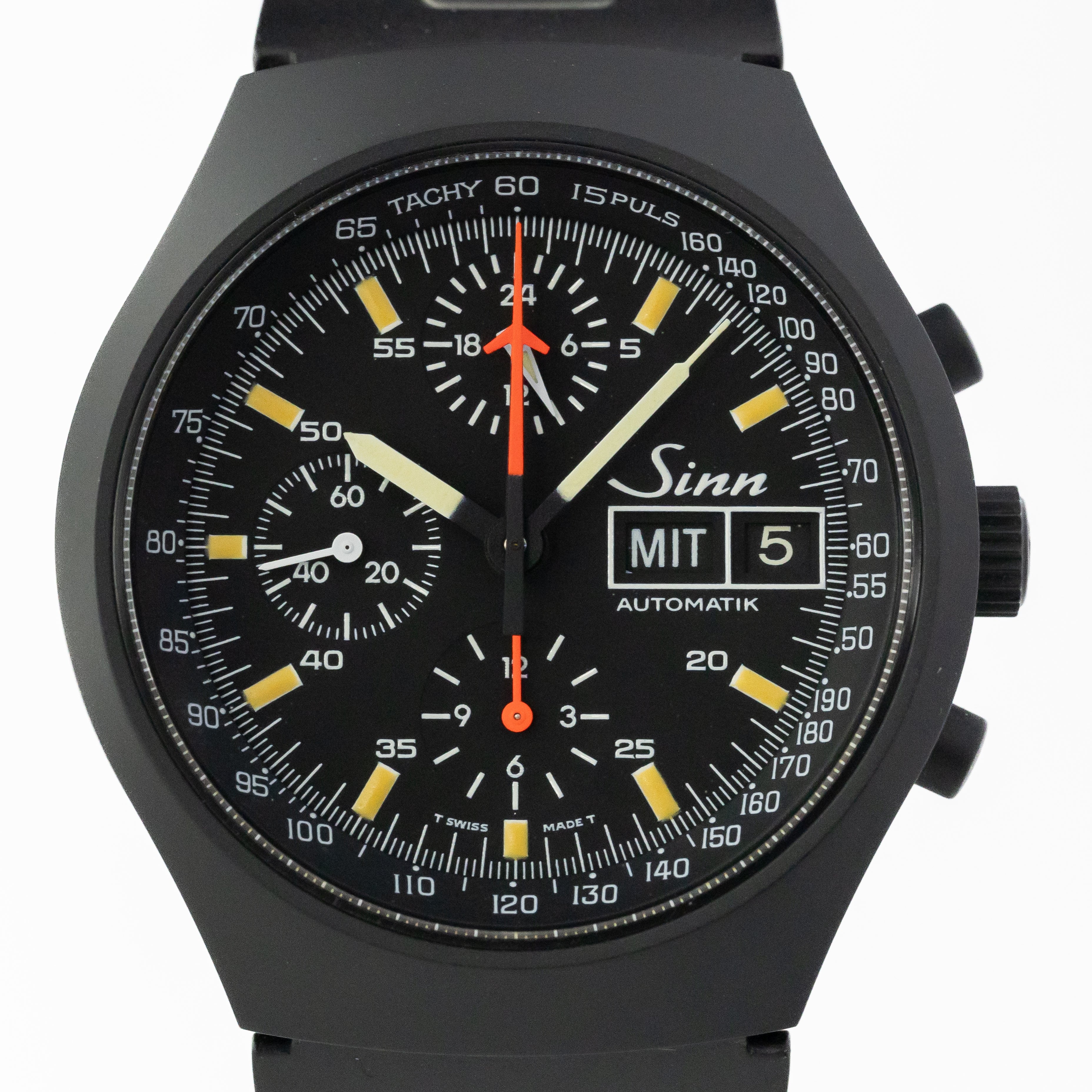 ジン 157S レマニア5100搭載 自動巻きクロノグラフ 1990年代製 純正ブレス ドイツ語曜日 ギャラ箱付き