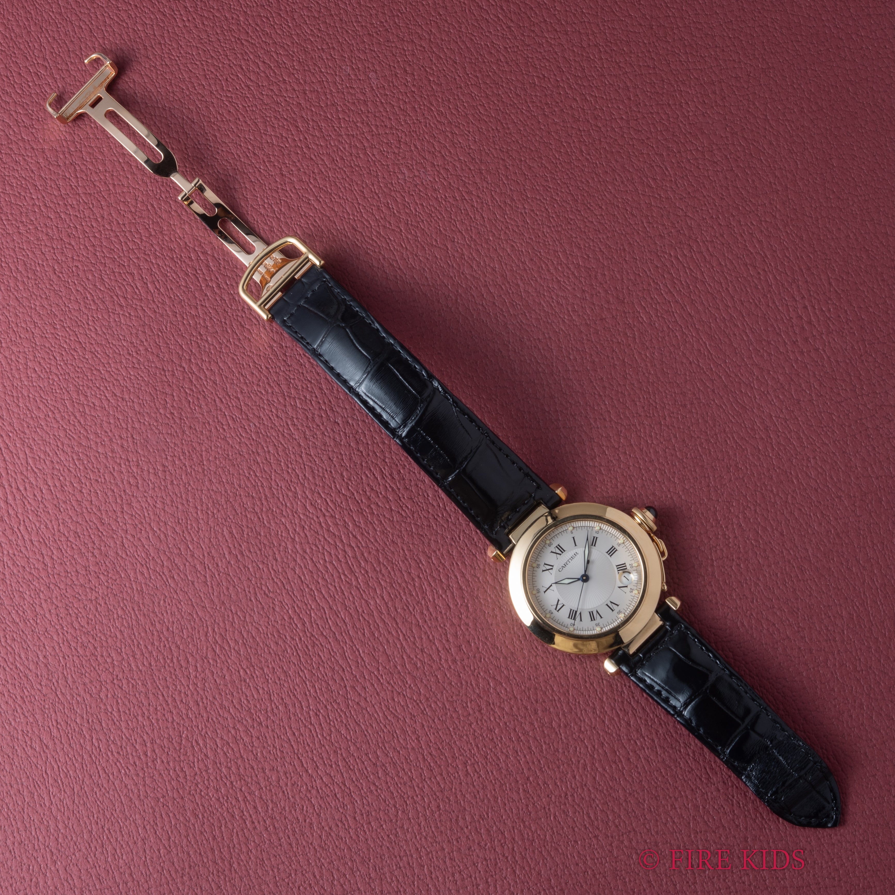 カルティエ 18金無垢パシャ 1990年代製 自動巻き ホワイトローマンダイヤル 純正18金無垢Dバックル付