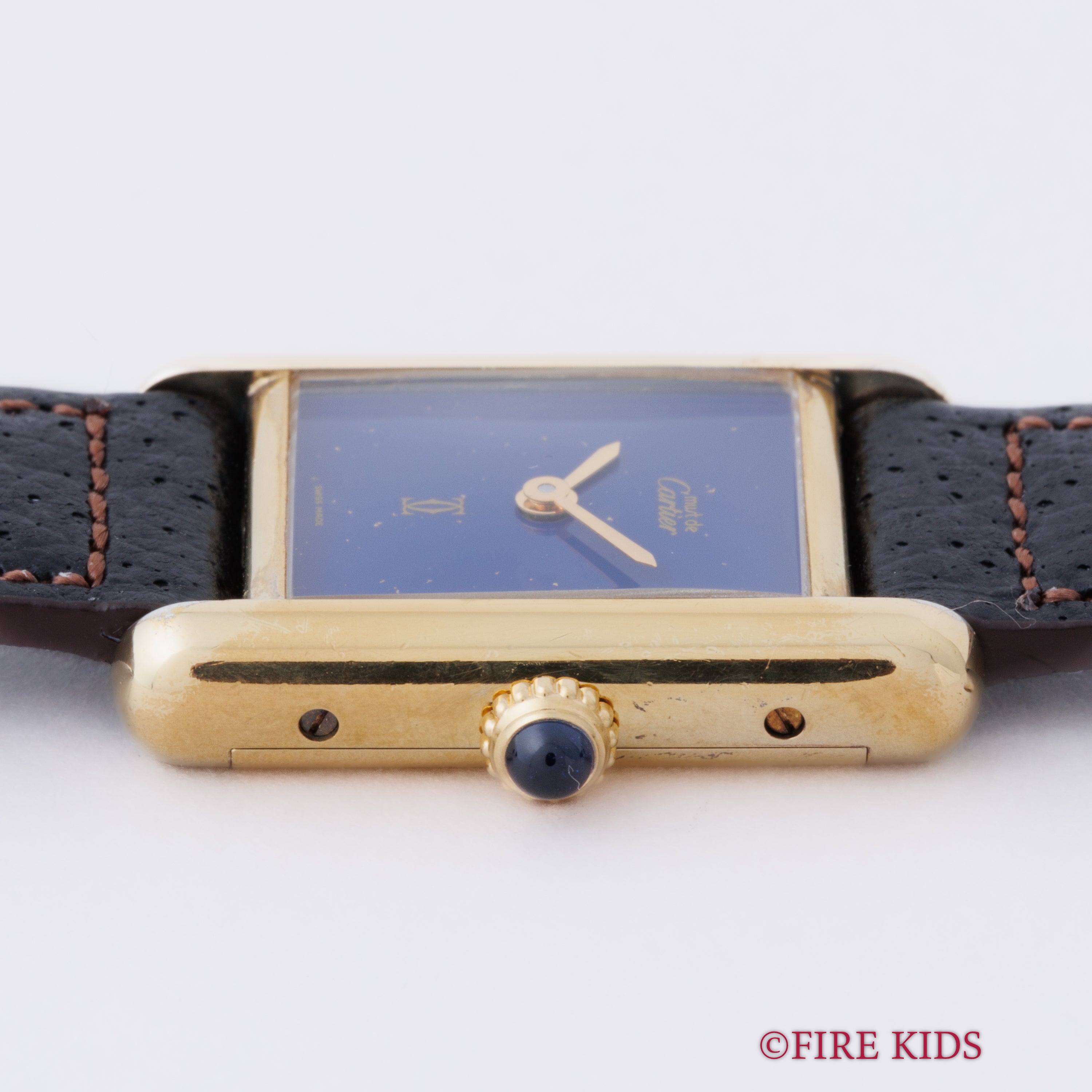 カルティエ マストタンク 1980年代製 SMサイズ 手巻き ラピスブルーダイヤル 純正尾錠付き 箱、中古純正革ベルト付き