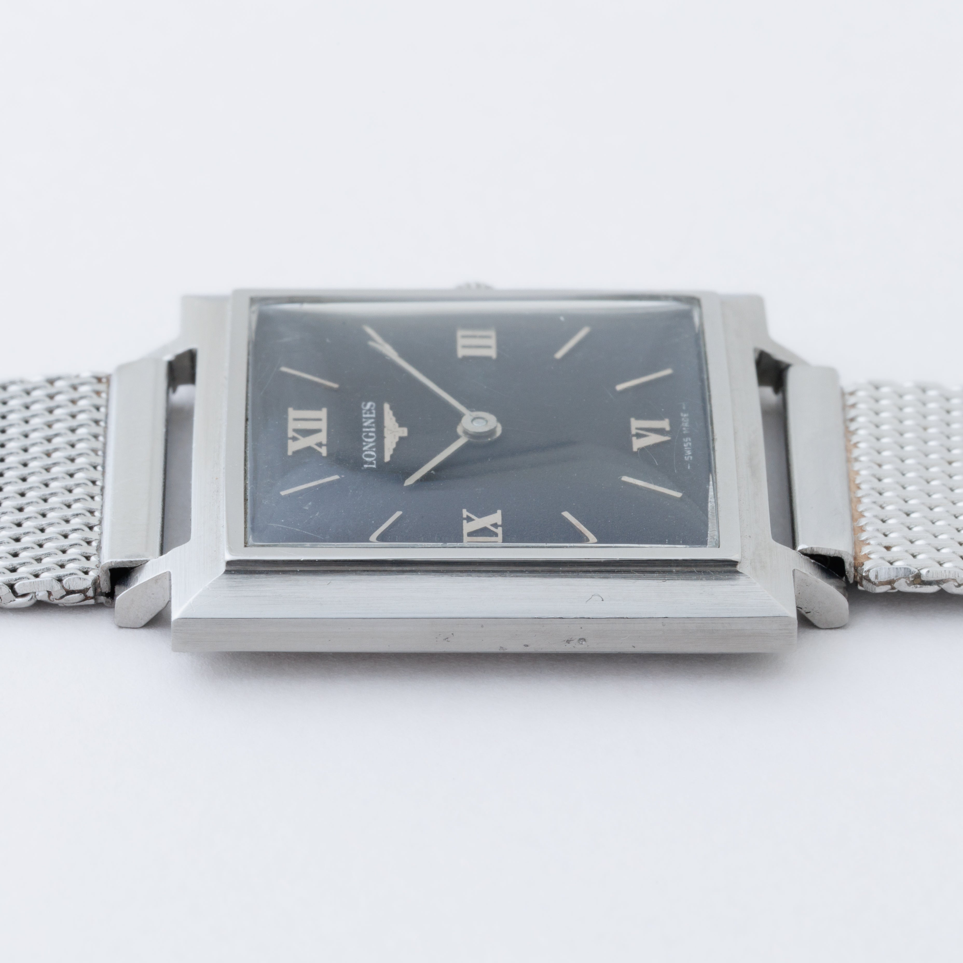 LONGINES ロンジン 腕時計 スクエア メッシュバンド ステンレス ロンジン ブラックローマンダイヤル 1970年代製 スクエアケース