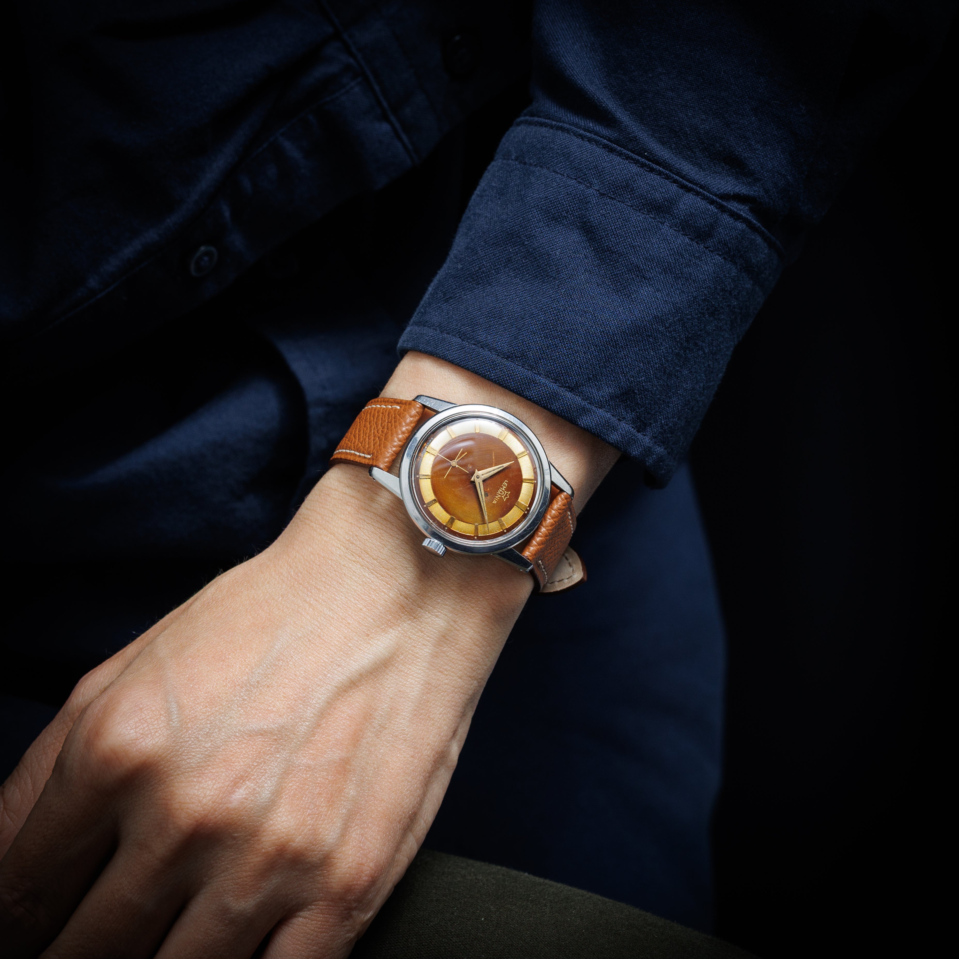 ELGIN 手巻き時計 ブラックダイヤル オレンジレザー タイメックス 腕時計 インテリジェントクオーツ フライバック