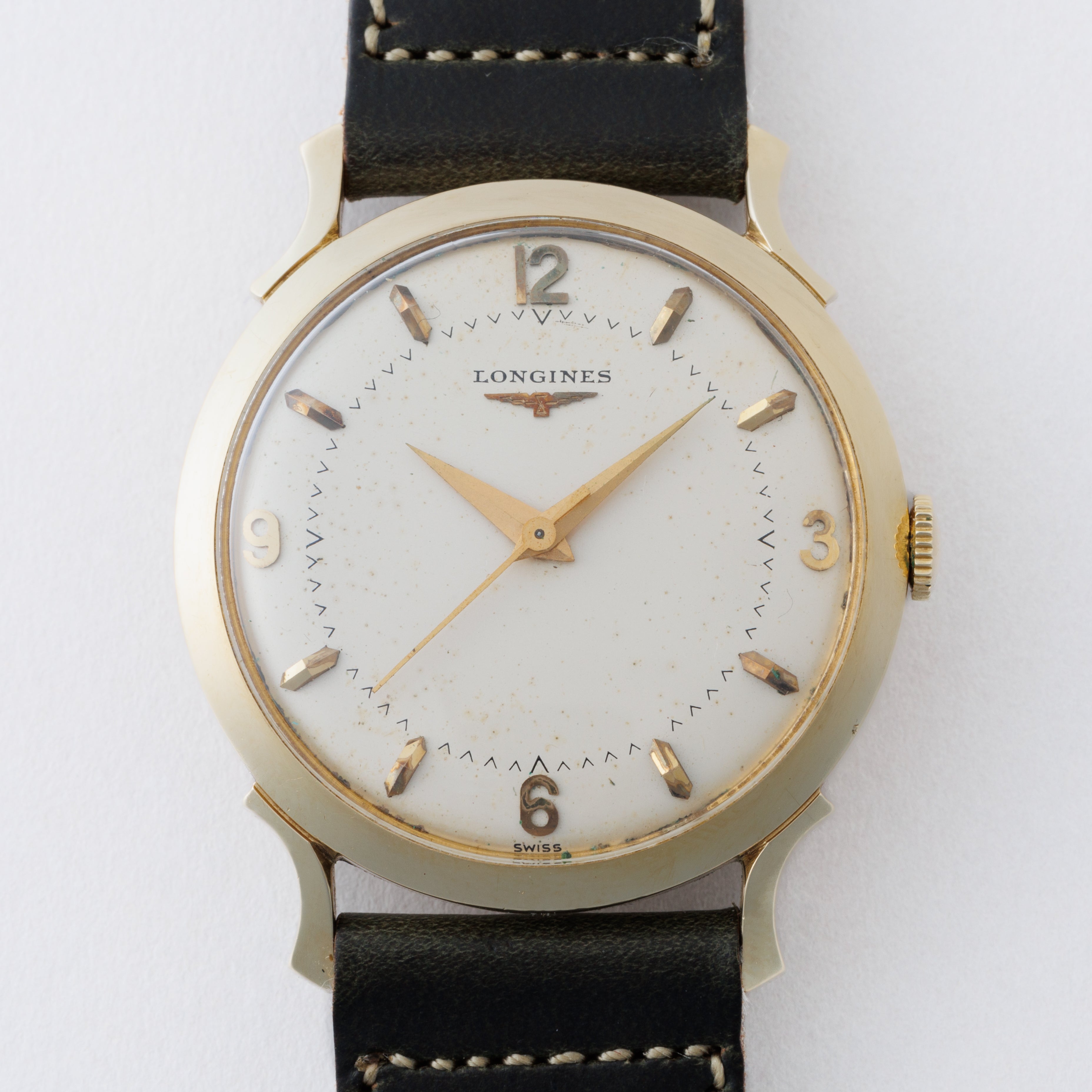 LONGINES アナログ手巻き時計 ホワイト ロンジン 14金無垢 USケース 1950年代製 センターセコンド Cal