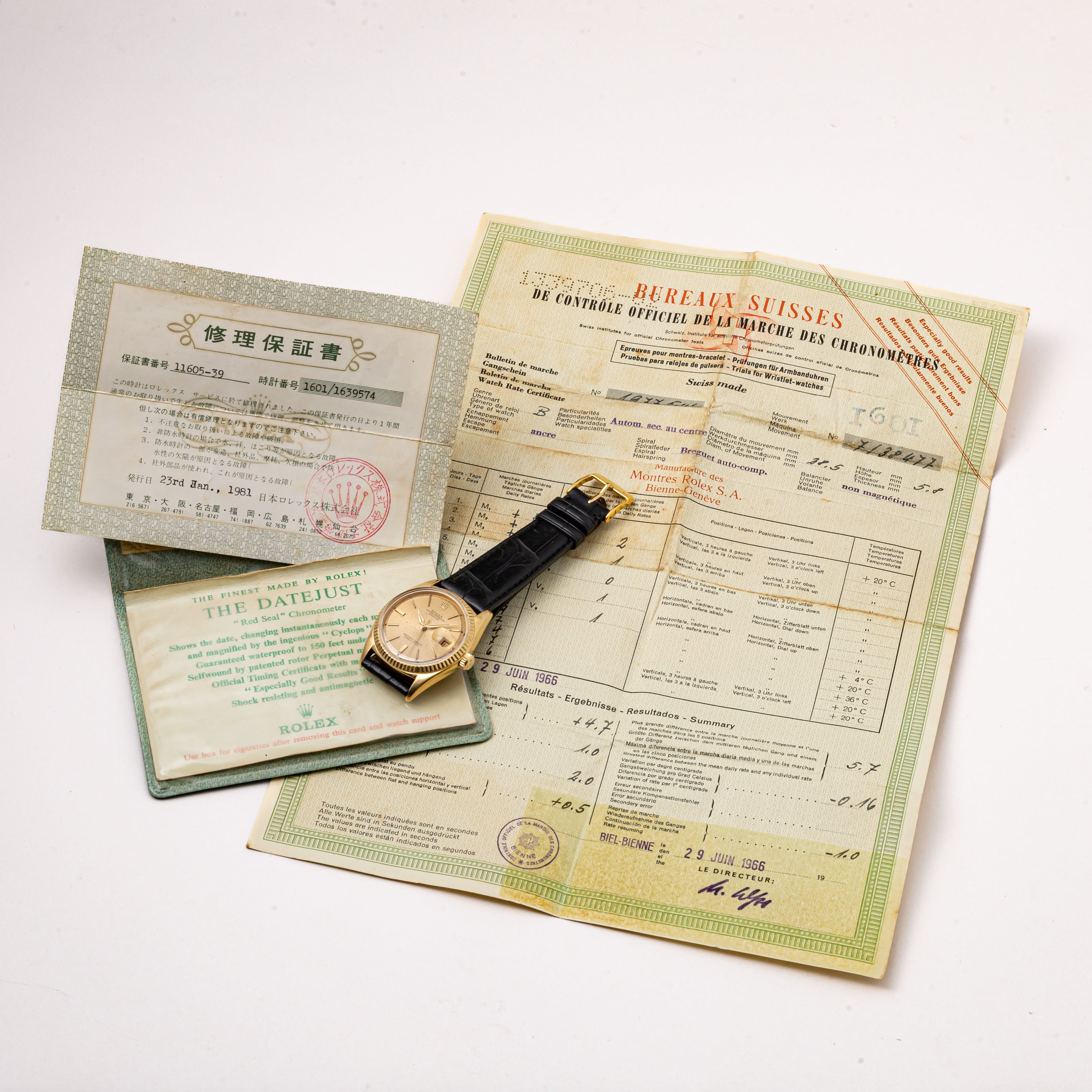 ロレックス デイトジャスト 1966年製 18金無垢製 Ref.1601 箱、クロノメーター証 修理保証書