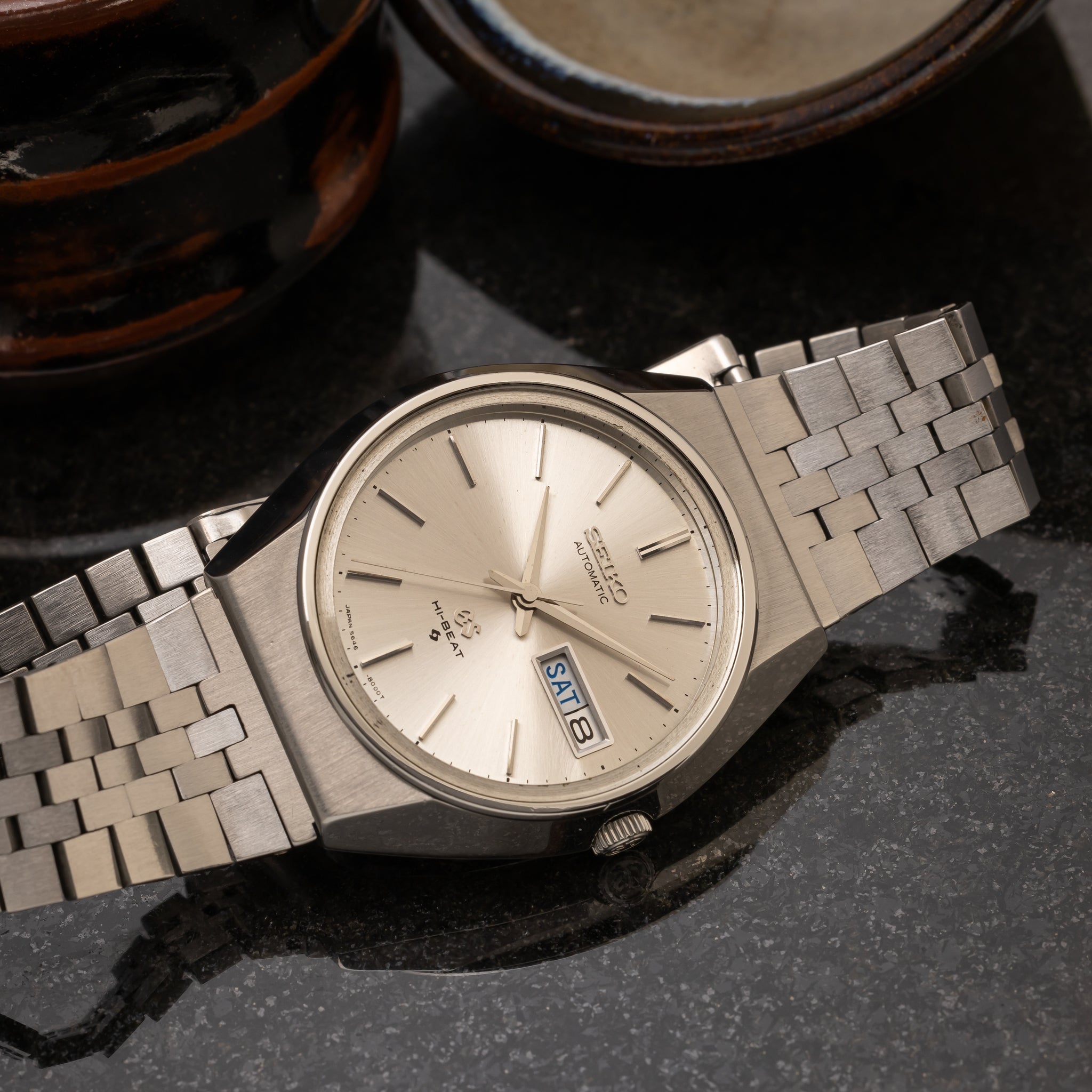 SEIKO グランドセイコー 56GS ハイビート 自動巻き メンズ 腕時計 デイデイト グレー格子柄文字盤 社外ベルト 5646-8000