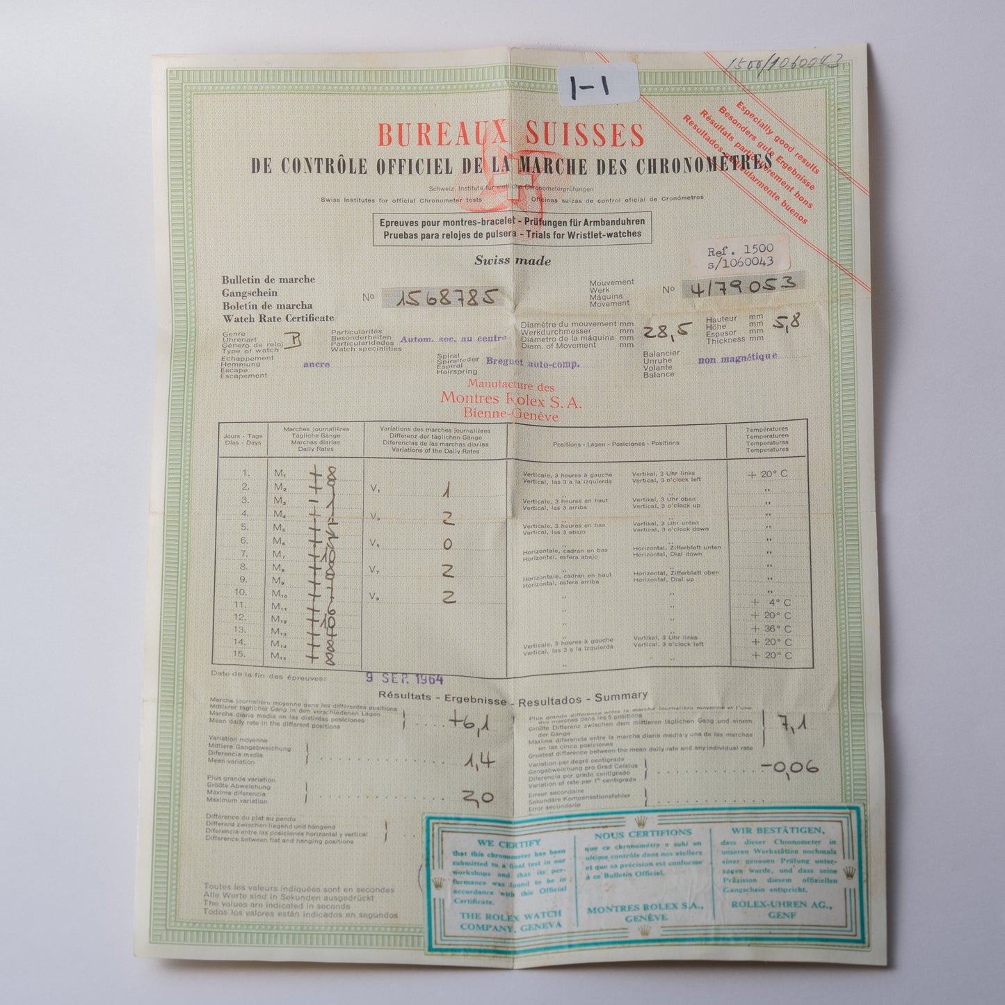 ロレックス 1964年製 オイスターパーペチュアルデイト アイボリー Ref.1500 クロノメーター証明書,メーカー修理保証書付き