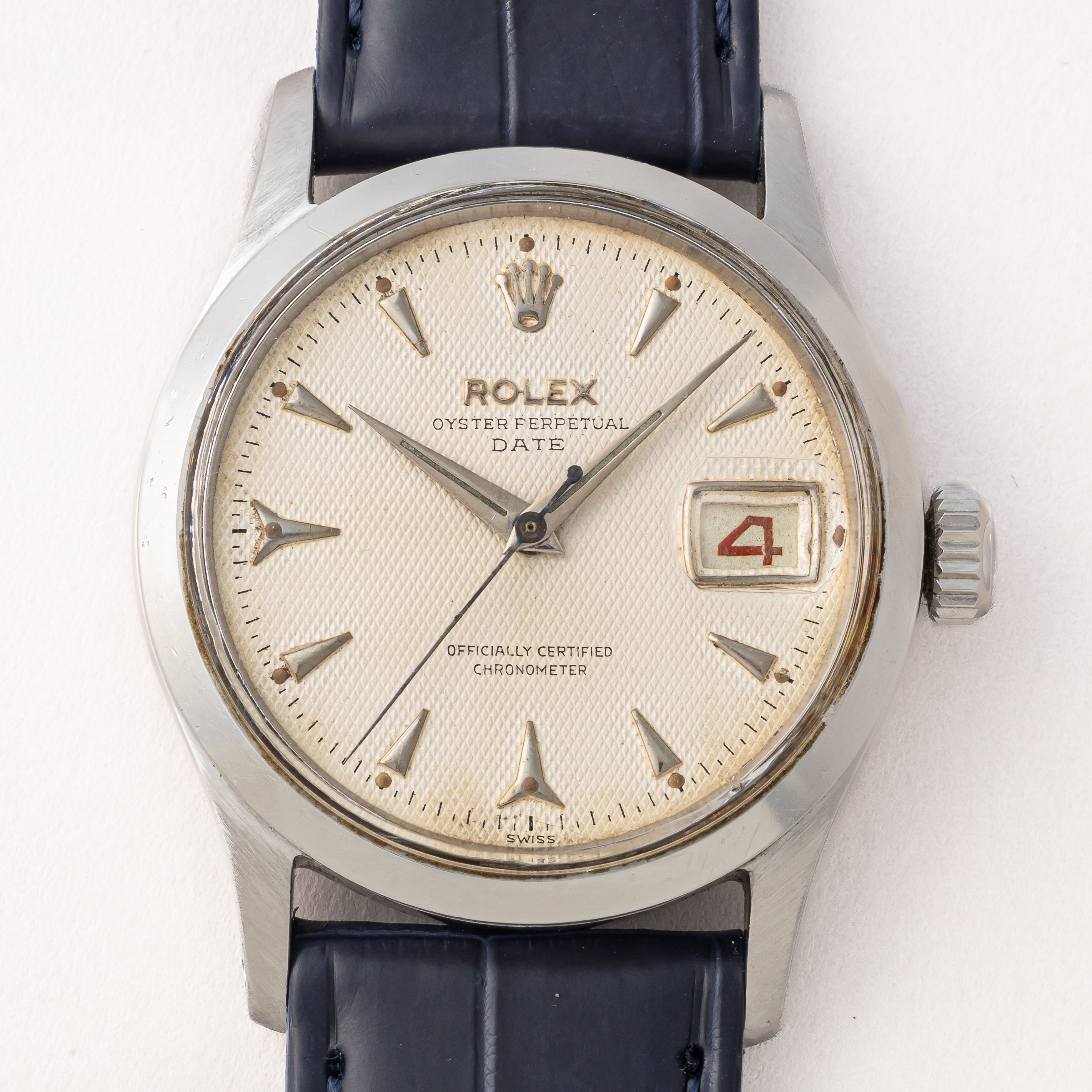 ロレックス オイスター パーペチュアル デイト 1954年製 Ref.6518 ギョーシェダイヤル 赤黒カレンダー リダン