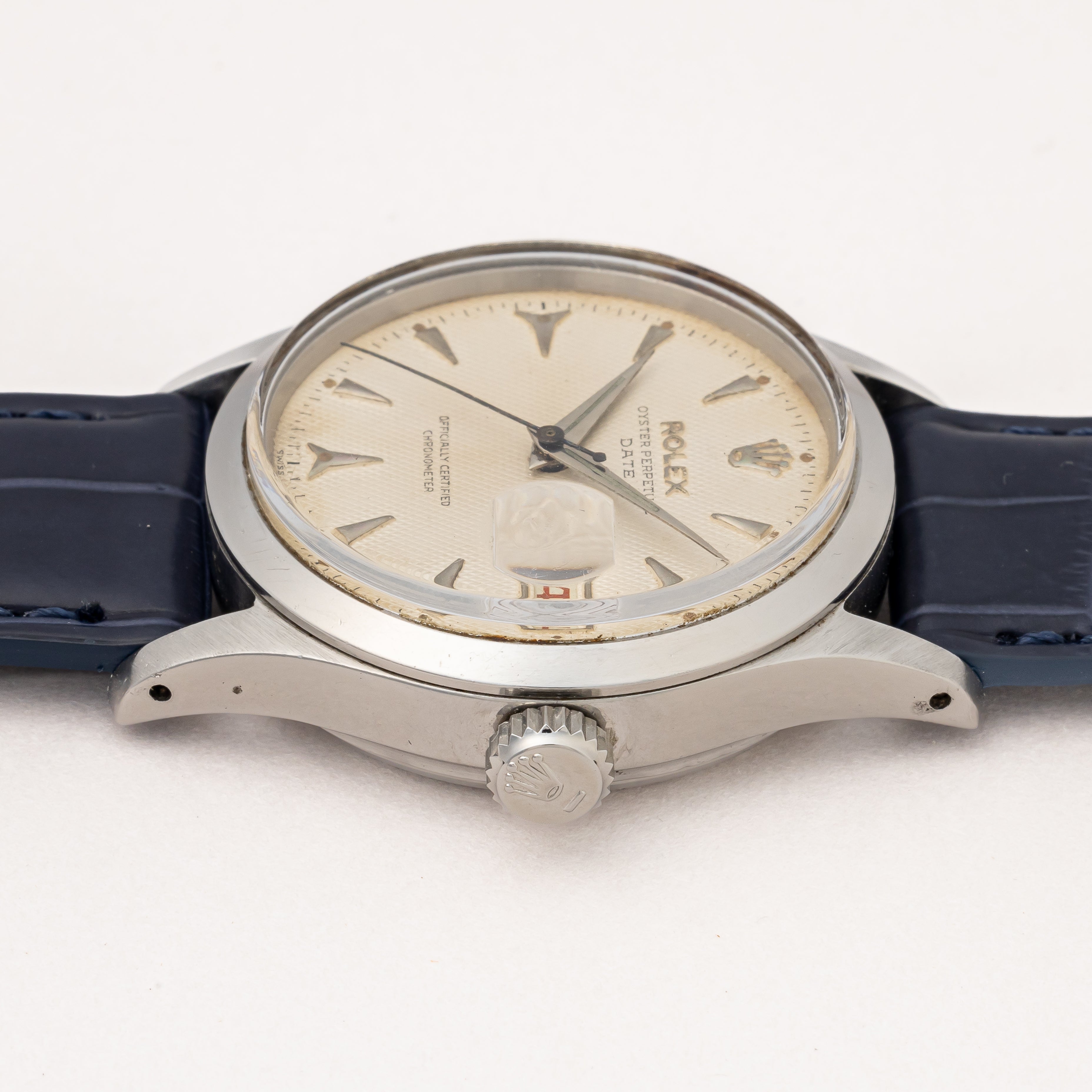 ロレックス オイスター パーペチュアル デイト 1954年製 Ref.6518 ギョーシェダイヤル 赤黒カレンダー リダン