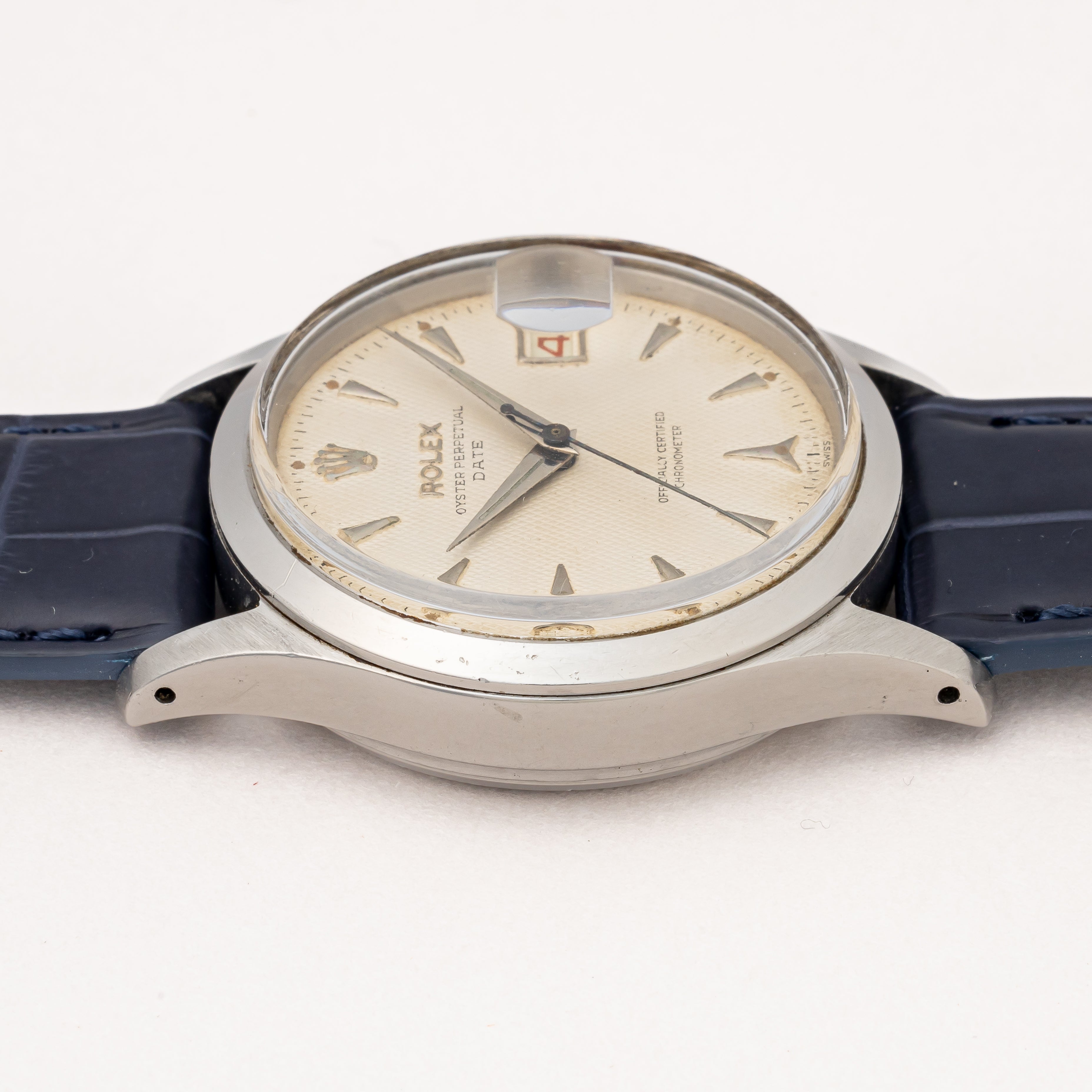 ロレックス オイスター パーペチュアル デイト 1954年製 Ref.6518 ギョーシェダイヤル 赤黒カレンダー リダン