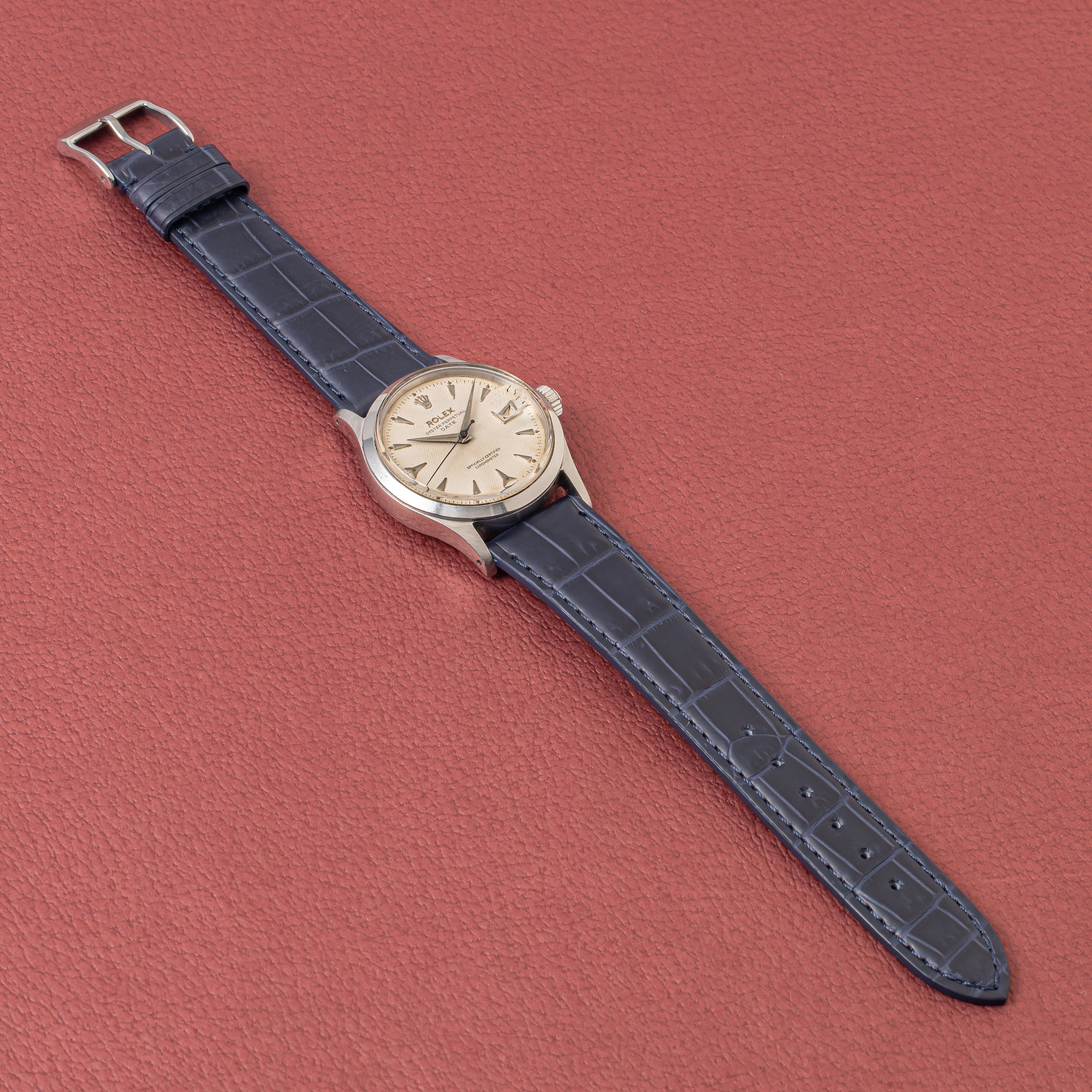 ロレックス オイスター パーペチュアル デイト 1954年製 Ref.6518 ギョーシェダイヤル 赤黒カレンダー リダン